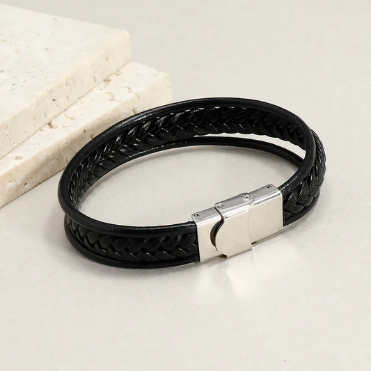 Bracelet noir pour hommes avec tresse et sangles-BR036