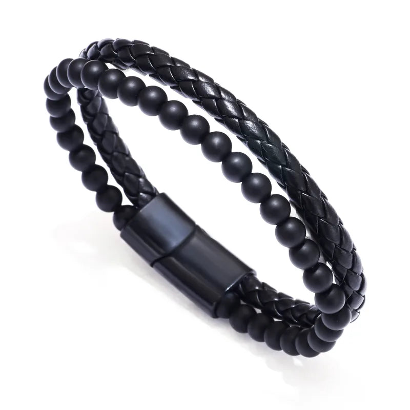 Bracciale nero con perle nere e cuoio sintetico nero-br042
