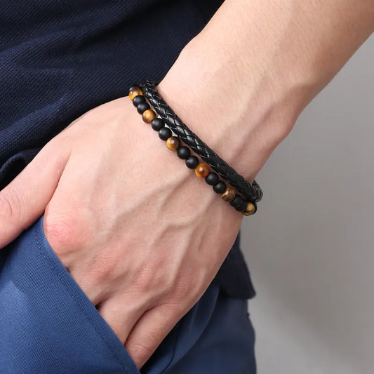 Bracciale nero con perle nere e in pelle sintetica marrone-br066