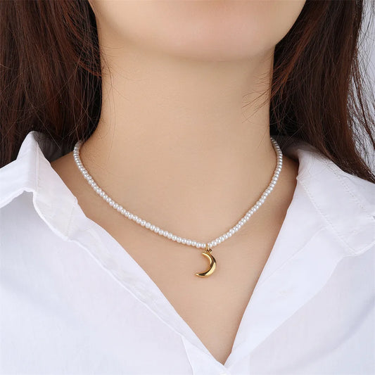 *Colier din otel cu lant de perle-NE553