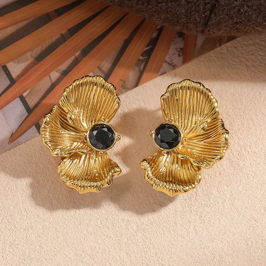 Σκουλαρίκια επιχρυσωμένο ατσάλι με μαύρη πέτρα-EA245