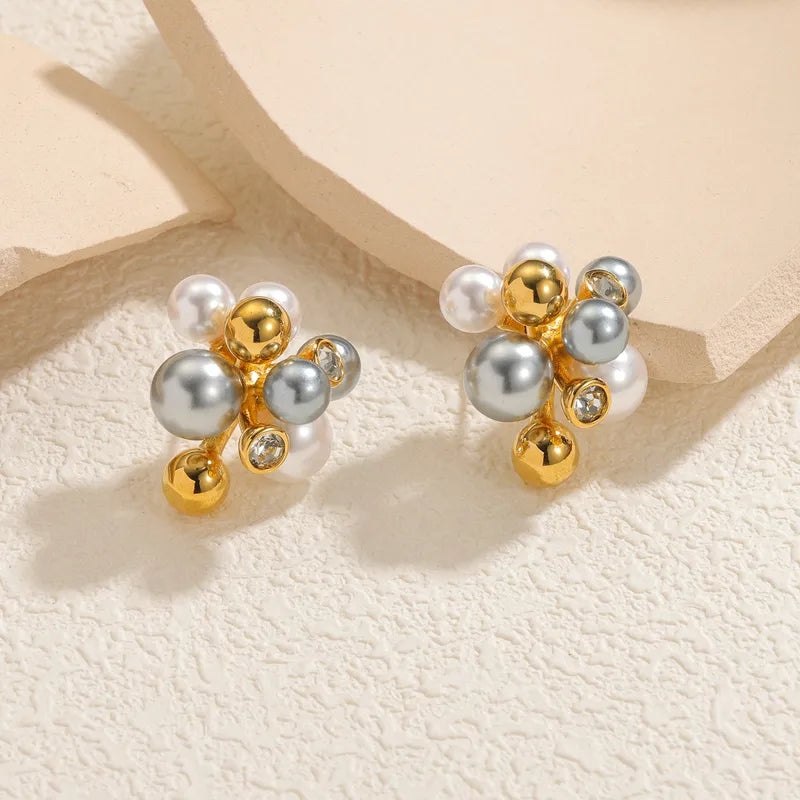 Σκουλαρίκια επιχρυσωμένο ατσάλι τρίχρωμες πέρλες-EA656