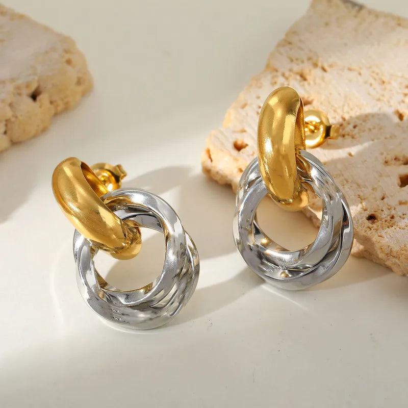 Earrings of steel gold silver with two textures-ea264