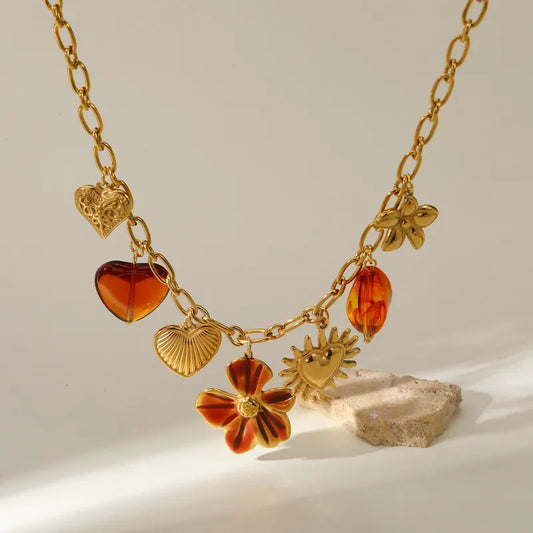 Κολιέ ατσάλινο με καφέ λουλούδι - NE165