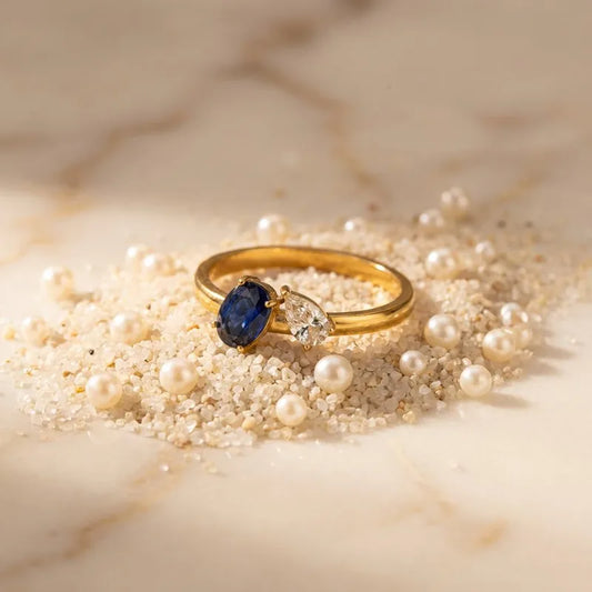 Δαχτυλίδι χρυσό ατσάλι με μπλε και λευκό zircon - R233