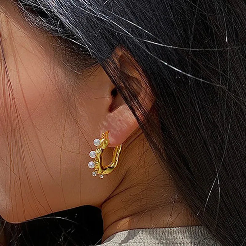 *Σκουλαρίκια χρυσό ατσάλι οβαλ με πέρλες-EA020