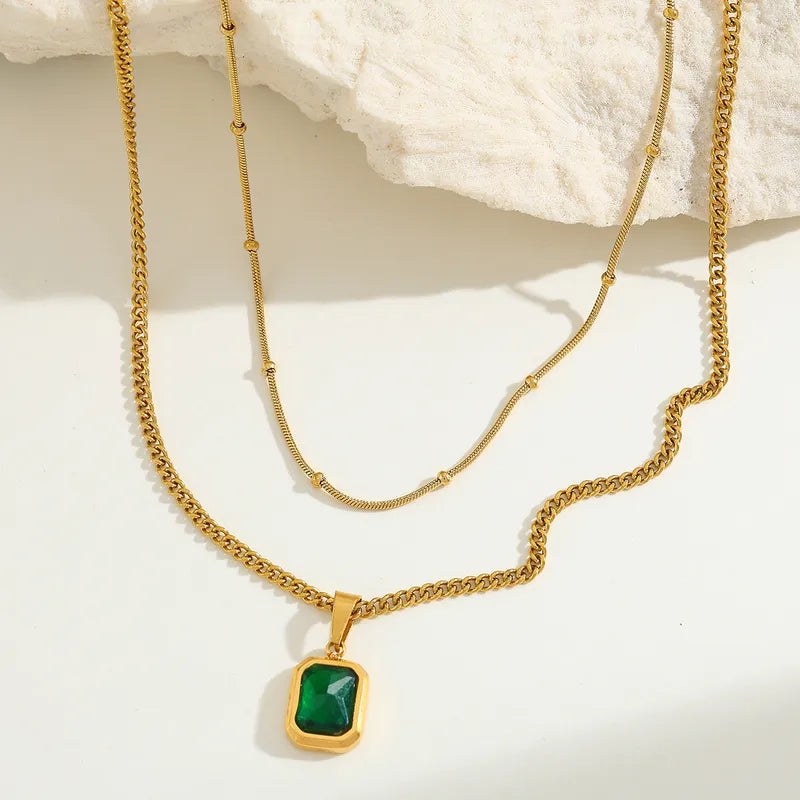 Necklace gold-plated steel with green zırcon-ne014