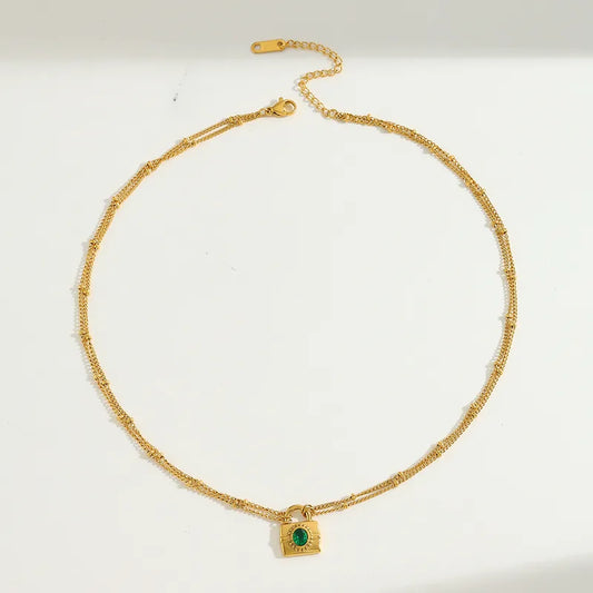 Colier din oțel placat cu aur cu piatră de zircon verde-NE515