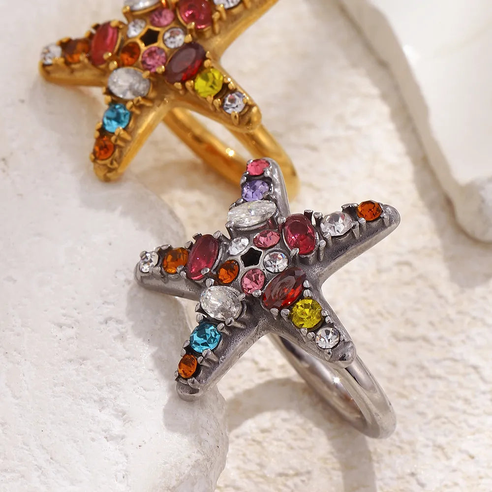 Δαχτυλίδι ατσάλι με αστερία και rhinestones - R269