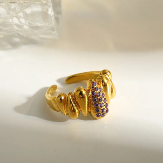 Inel din oțel placat cu aur cu rhinestone mov - R067