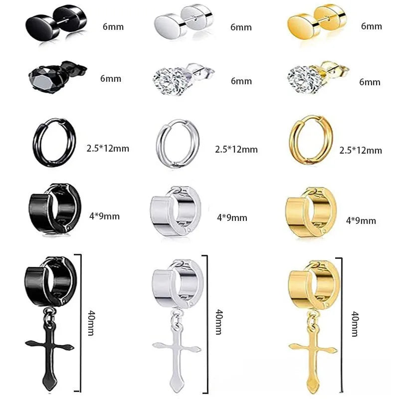 Σετ 15 ζευγάρια σκουλαρίκια ατσάλι 3 χρώματα-SET007