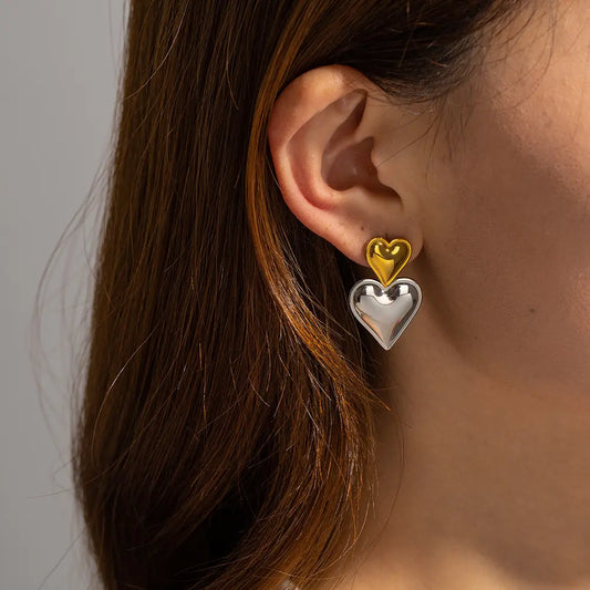 Σκουλαρίκια με διπλή καρδιά ασημί χρυσό-EA520