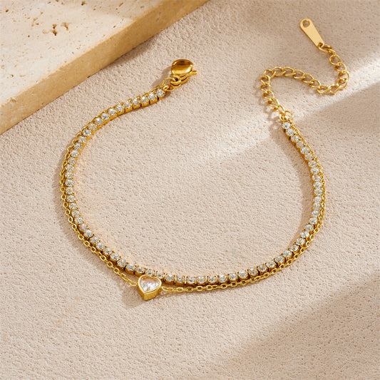 Bratara din otel placat cu aur cu inima si lant de zircon-BR122