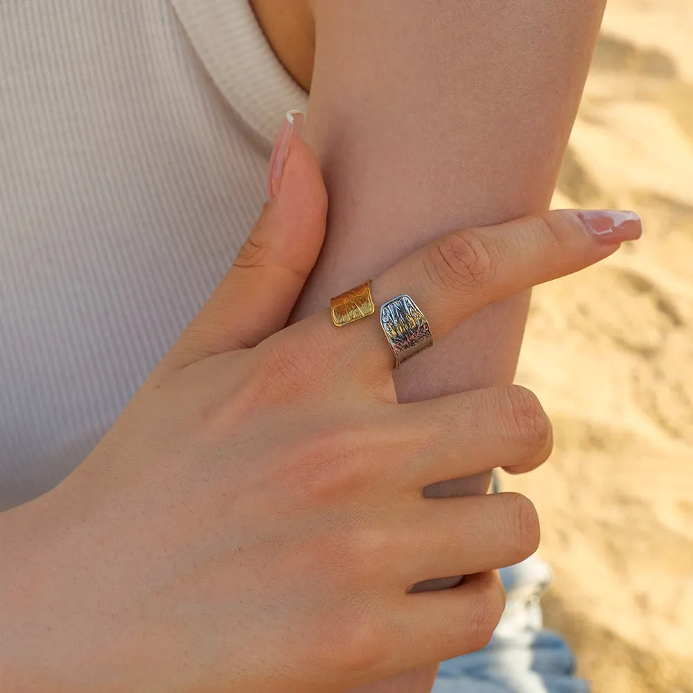 Steel ring in gold and silver with texture-R222