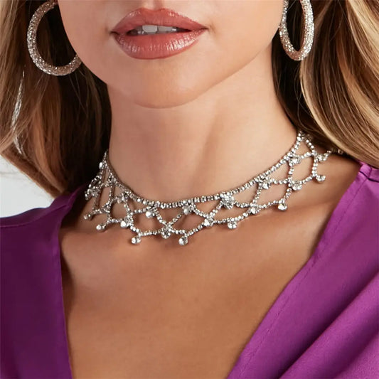 Brass necklace with rhinestones choker - w153