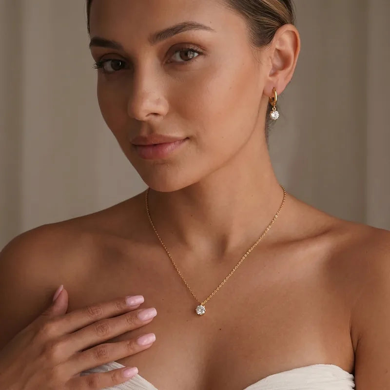 Gold-plated steel necklace and earrings set with zircon - SET016