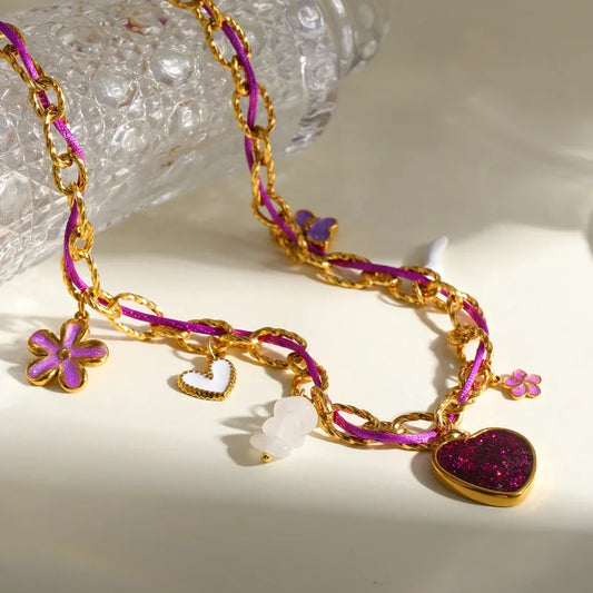 Κολιέ ατσάλινο με μωβ σχοινί και καρδιά - ne047