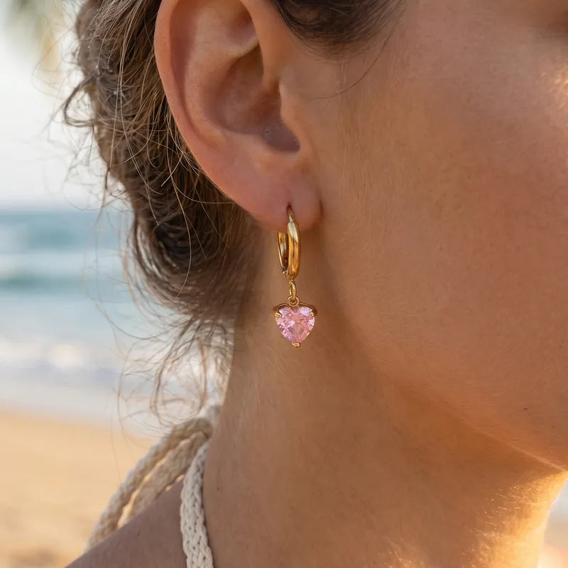 Steel heart earrings with pink zircons- EA022