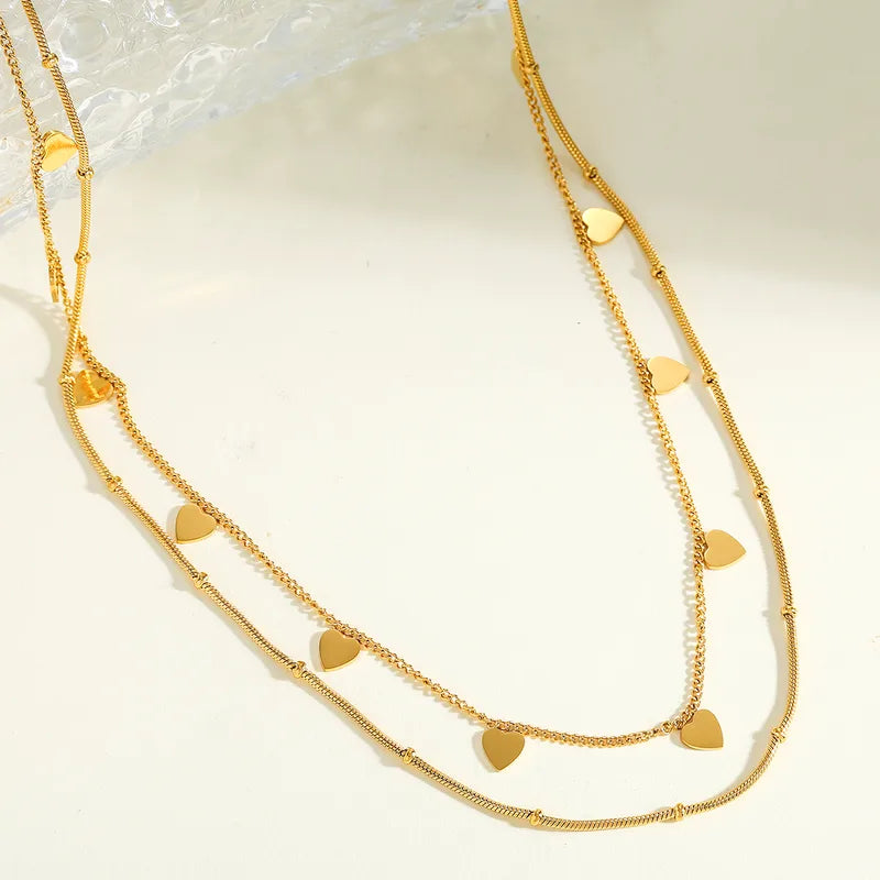 Colier din oțel placat cu aur, lanț dublu cu inimi-NE426