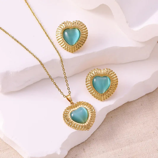 Σετ ατσάλι κολιέ και σκουλαρίκια με γαλάζια πέτρα-SET048