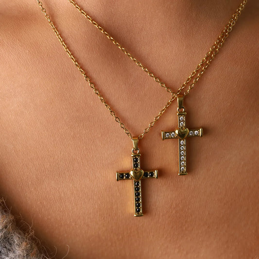 Κολιέ επιχρυσωμένο ατσάλι σταυρός με μαύρα zircon-NE300