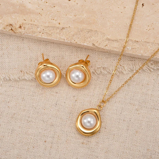 Set de bijuterii din oțel placat cu aur cu perle-SET062