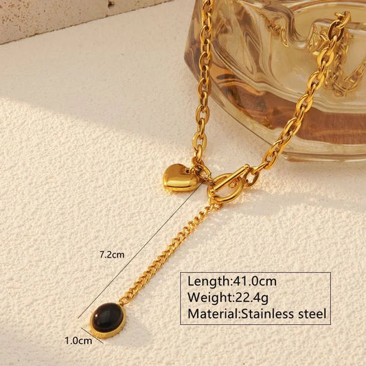 Colier din oțel placat cu aur cu piatră neagră-NE466