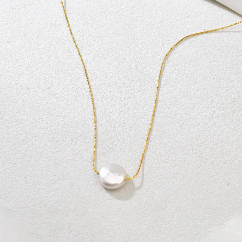 Κολιέ επιχρυσωμένο ατσάλι με επίπεδη πέρλα-NE557