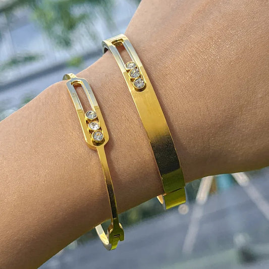 Bratara din otel placat cu aur cu trei zirconi-BR145