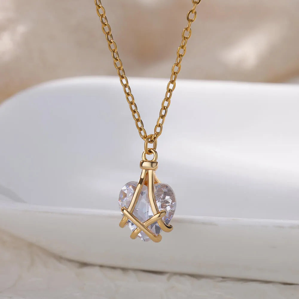 Κολιέ χρυσό ατσάλι με μεγάλο zircon-NE094