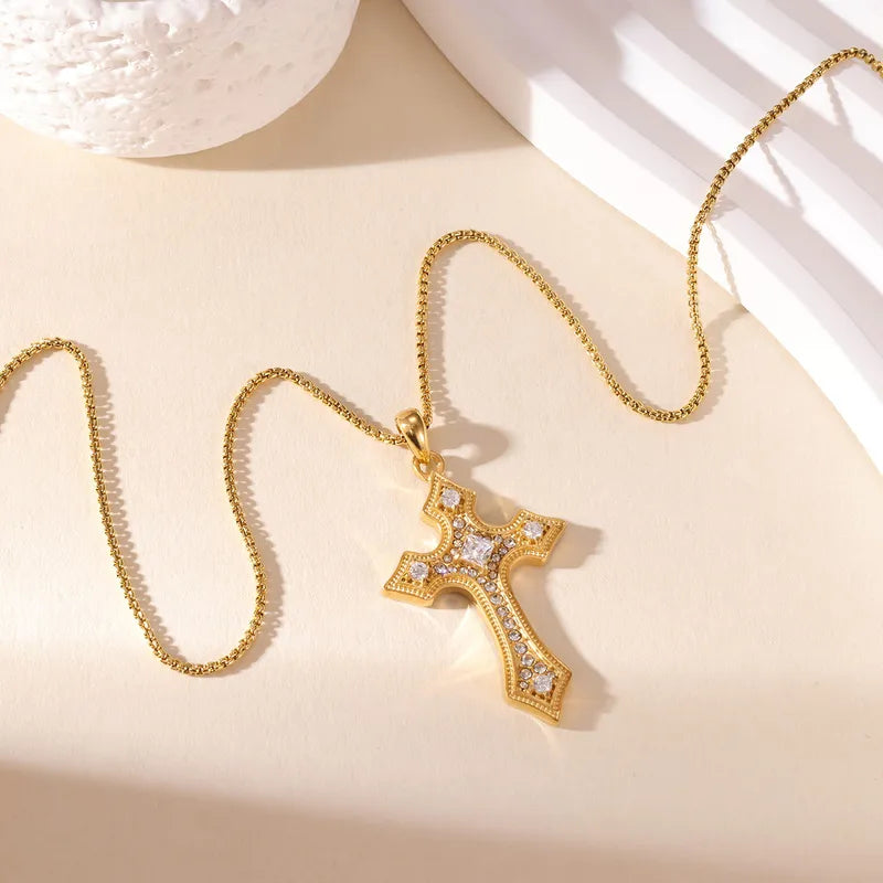 Κολιέ επιχρυσωμένο ατσάλι σταυρός με zircon-NE524