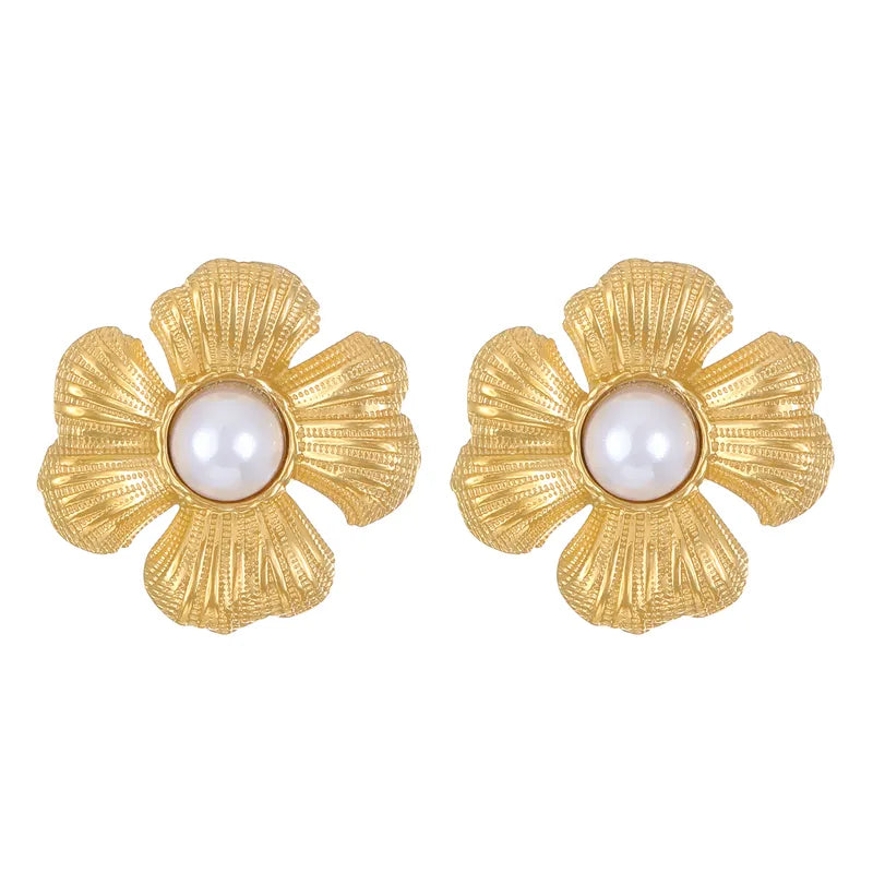 Earrings steel golden flowers with pearl - EA571