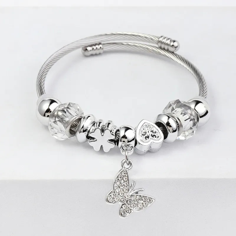 Bracelet en argent en acier au papillon et cristaux-BR292