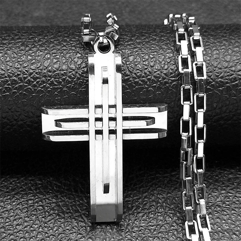 Κολιέ ατσάλι φαρδύς σταυρός-NE122