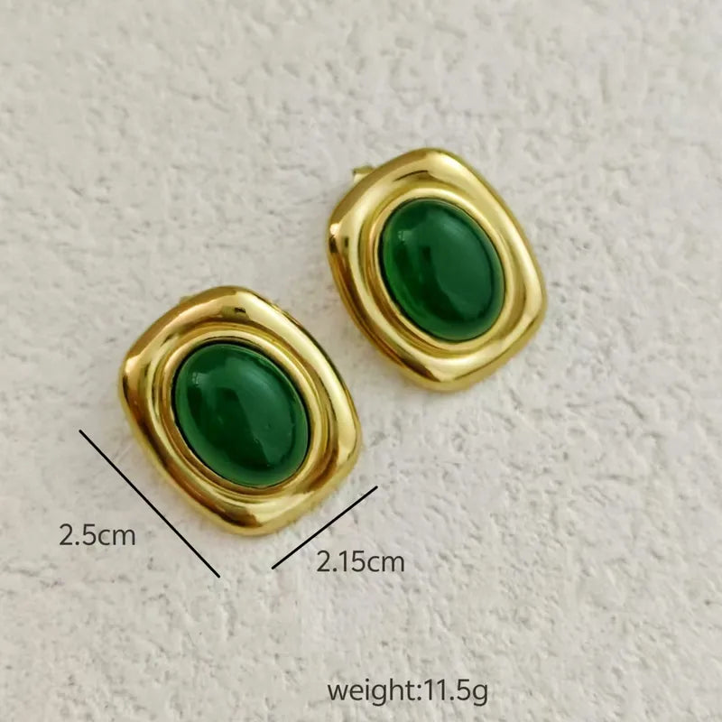 Earrings gilded steel oval green stone-ea007