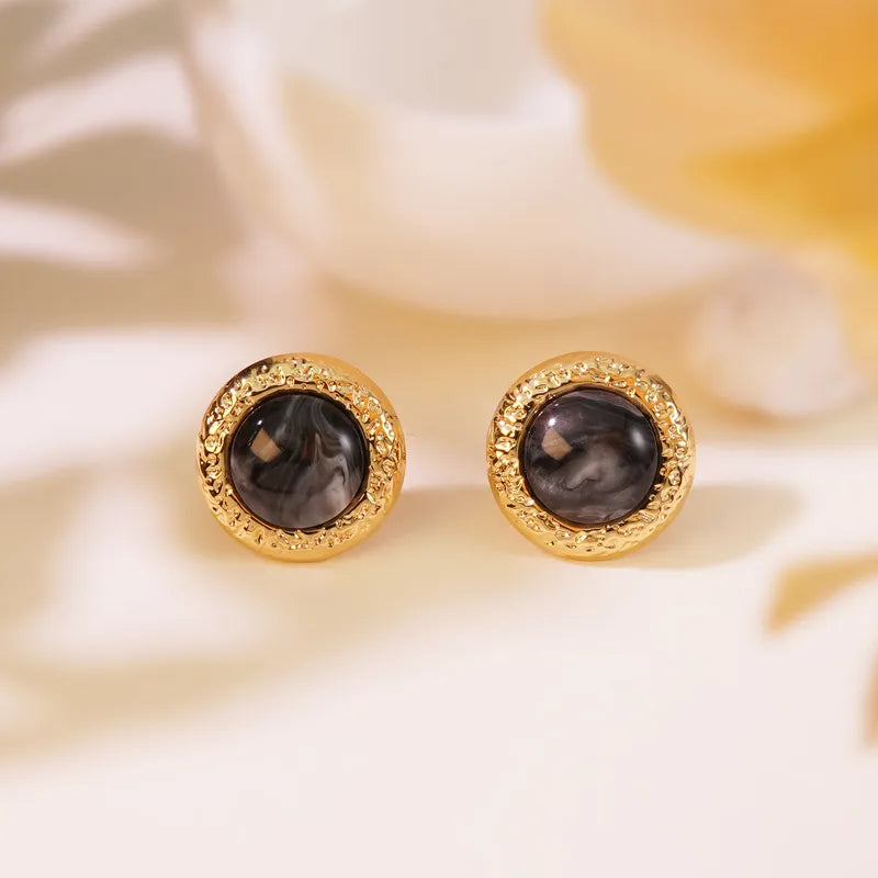 Earrings gold-plated black round with gold frame-EA056
