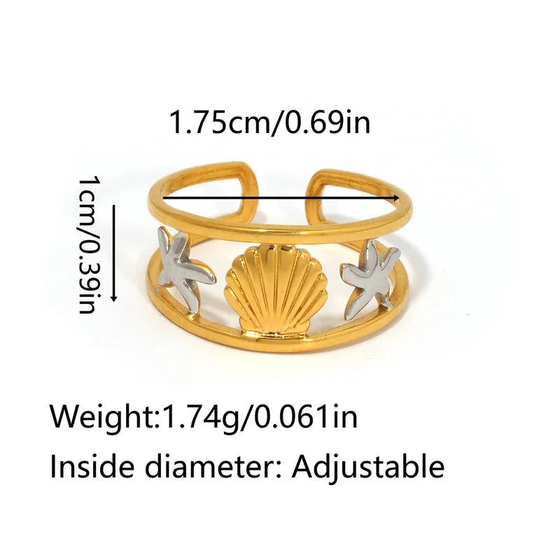 Δαχτυλίδι επιχρυσωμένο ατσάλι κοχύλι με ασημένιους αστερίες-R357