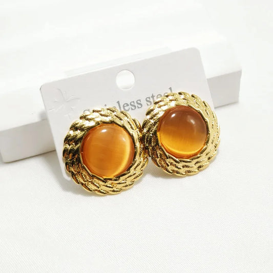 Cercei rotunzi portocalii din oțel placat cu aur-EA662