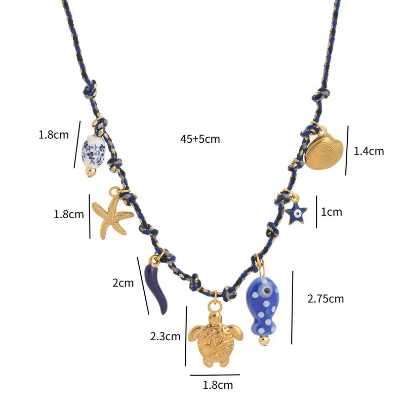 Necklace gold-plated steel with dark blue and sea deco-