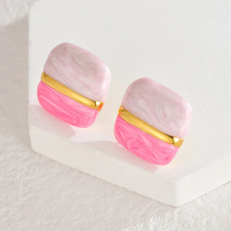 Σκουλαρίκια επιχρυσωμένο ατσάλι τετράγωνα ροζ-EA752