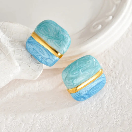 Σκουλαρίκια επιχρυσωμένο ατσάλι τετράγωνα γαλάζια-EA006