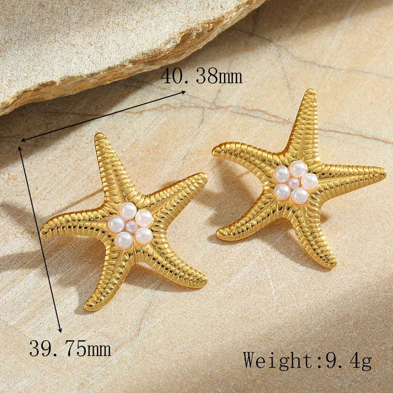 Σκουλαρίκια επιχρυσωμένο ατσάλι αστερίες με πέρλες- EA782