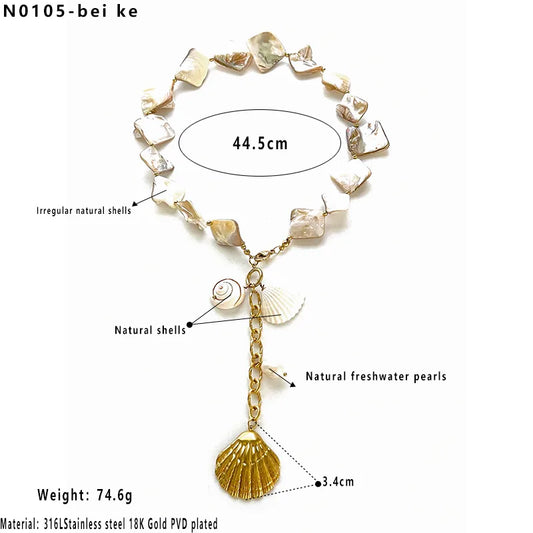 Κολιέ επιχρυσωμένο ατσάλι με καλοκαιρινά σχέδια και κοχύλι - NE679