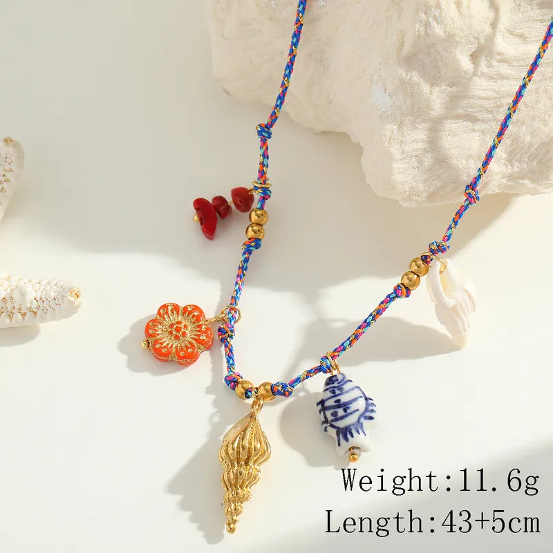 Colier din oțel placat cu aur cu frânghie din material și farmec marine-