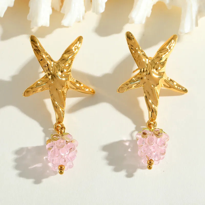 Pendientes de acero con estrella de mar y uvas rosas - EA775