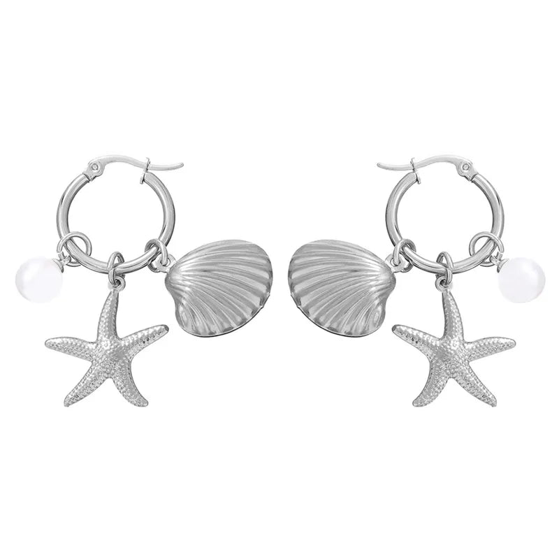 Σκουλαρίκια ατσάλι με κοχύλια και αστερία - EA786