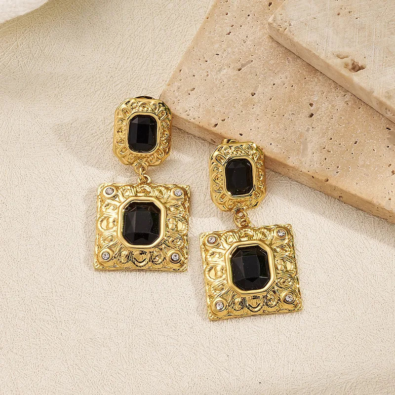 Steel Earrings Geometric with Black Stones-EA620