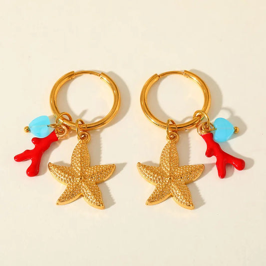 Σκουλαρίκια επιχρυσωμένο ατσάλι με αστερίες και κοράλια - EA315