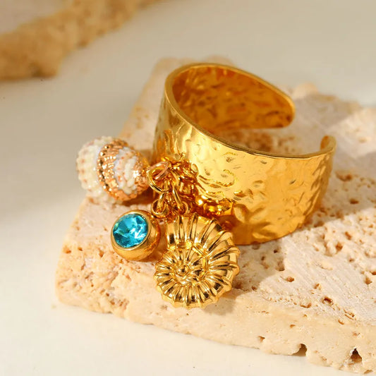 Δαχτυλίδι επιχρυσωμένο ατσάλι με κοχύλια και πέτρα - R194