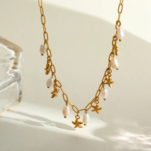 Κολιέ ατσάλινο με αστερίες και μαργαριτάρια - NE175